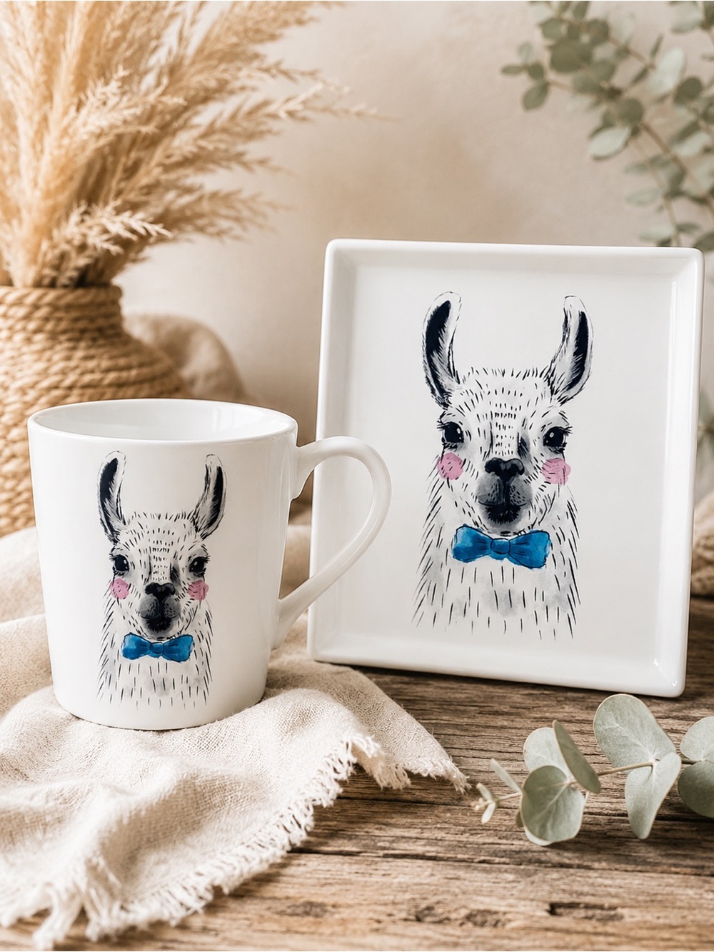 Magenta Lama Mug‎ and Trinket Tray Dish Ceramic Home Decor Set